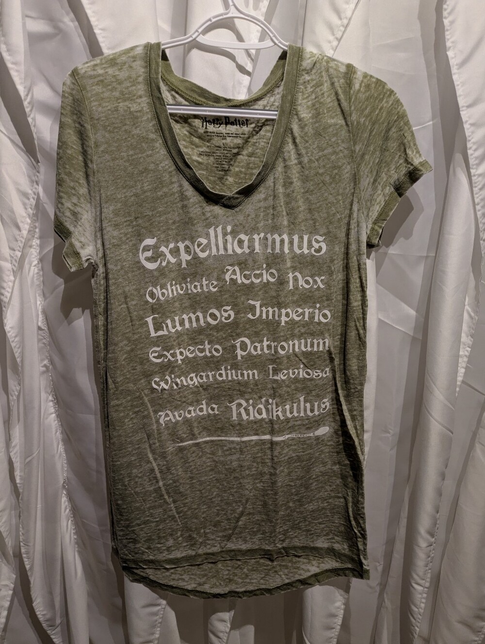 15 Official Harry Potter Spells Graphic T-Shirt - Olive Green Heather - Size Lar